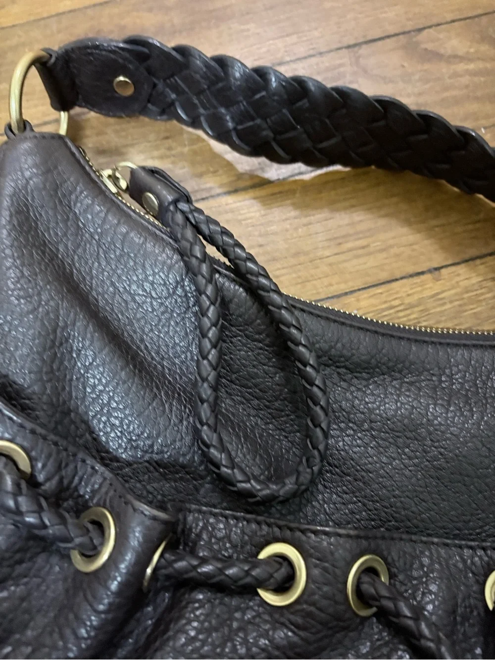 Michael Kors Vintage Braided Handle Pebble Leather Hobo - Dark Brown